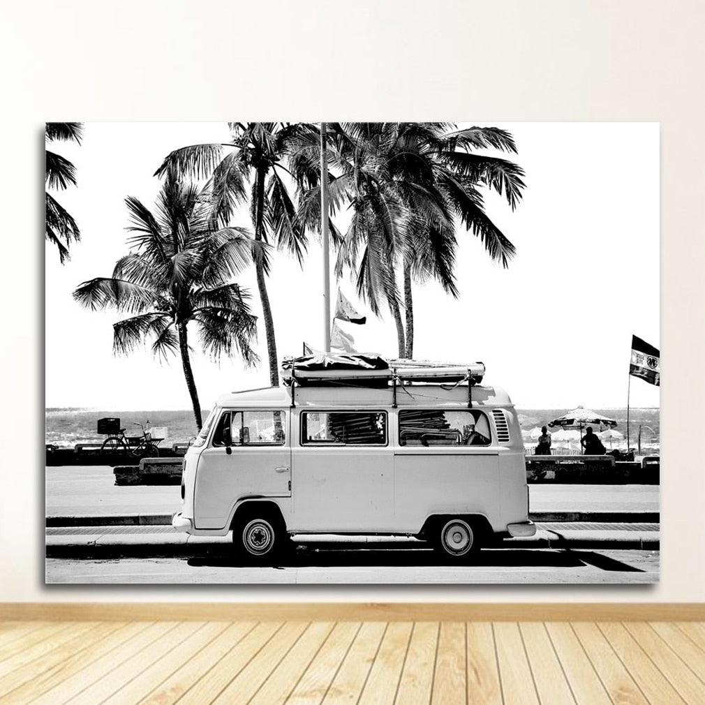 Black and White Ocean Surfing Coastal Beach Canvas Art