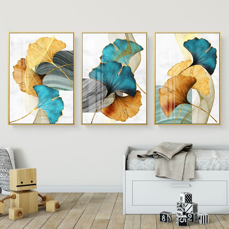 Blue Yellow Gold Leaf Abstract Canvas Art