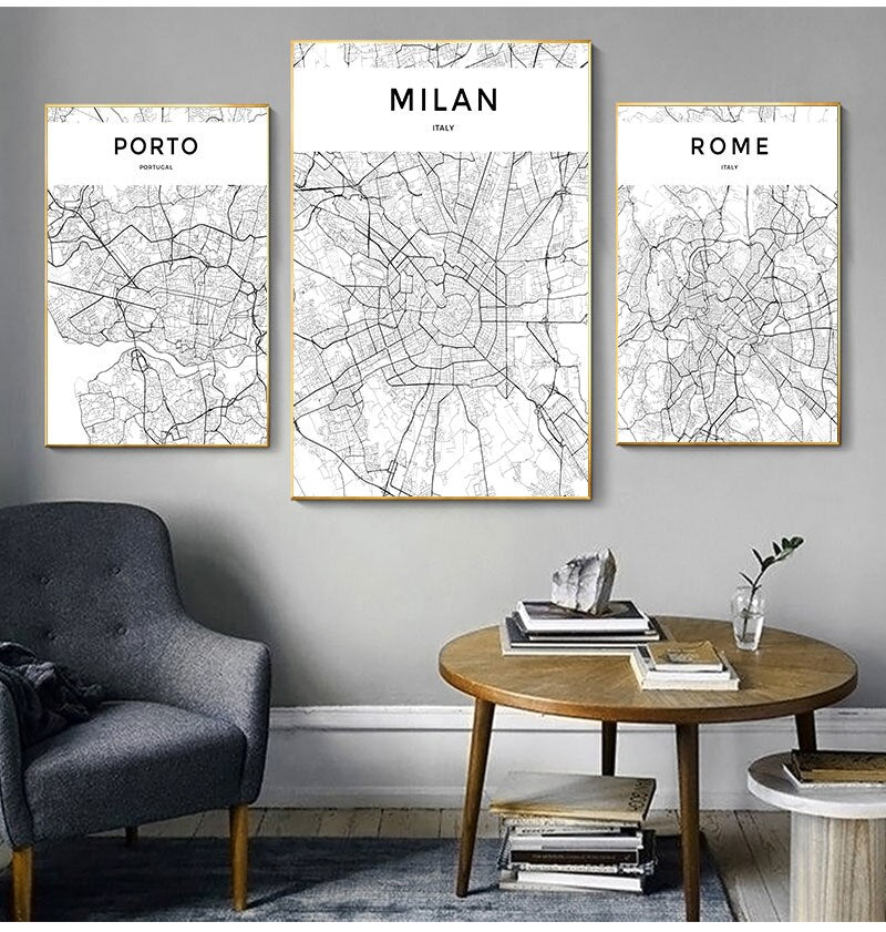 Black and White World City Map Wall Art Canvas