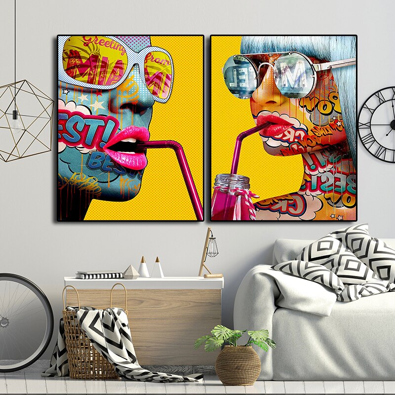 Colorful Girl Sipping Drink Canvas Art