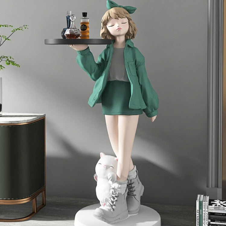 Girl in Boots Cat Big Statue with Tray