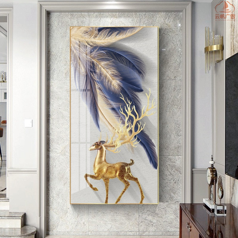 Blue and Gold Feather Deer Canvas Art