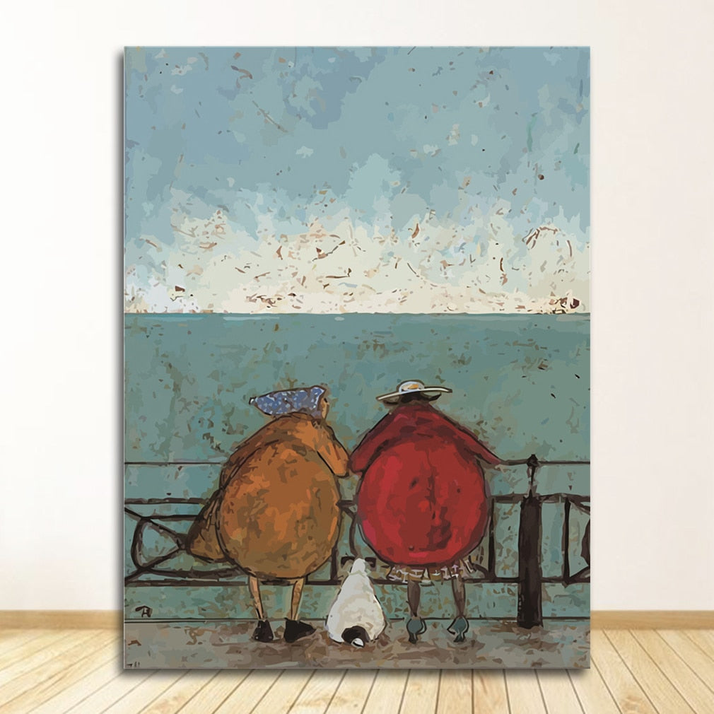 Couple with Dog Pet Canvas Wall Art