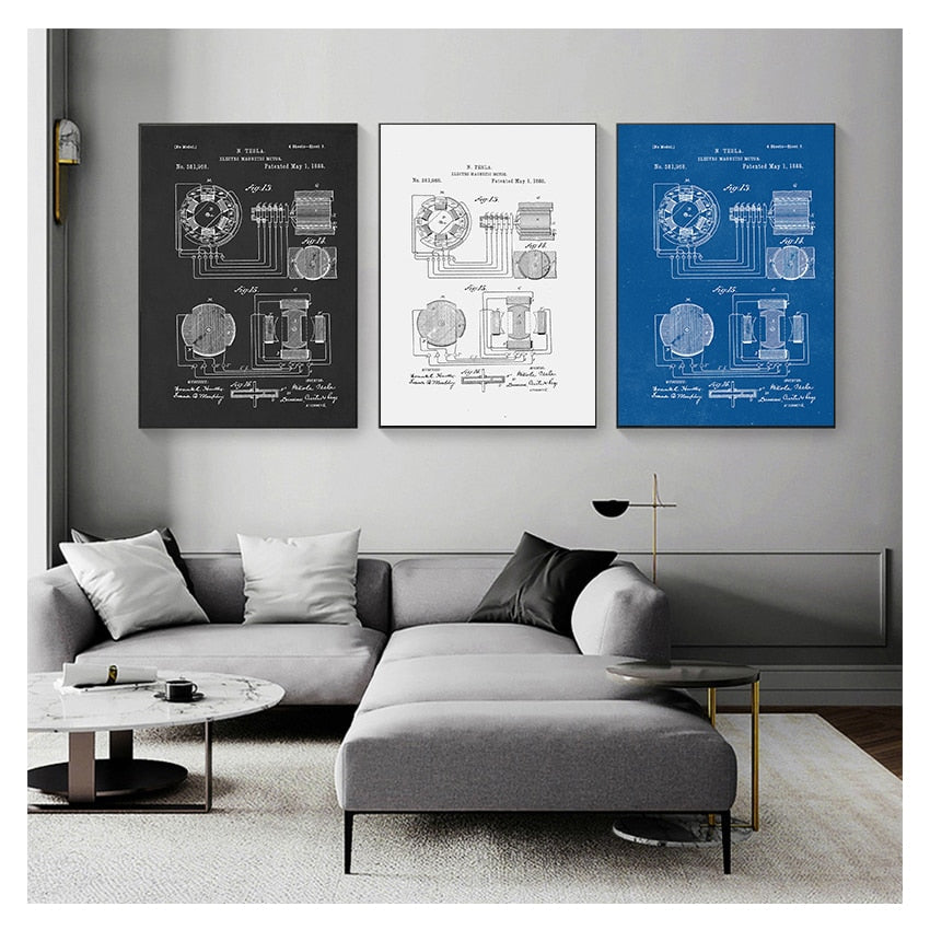 Nikola Tesla Motor Patent Blueprint Canvas Art