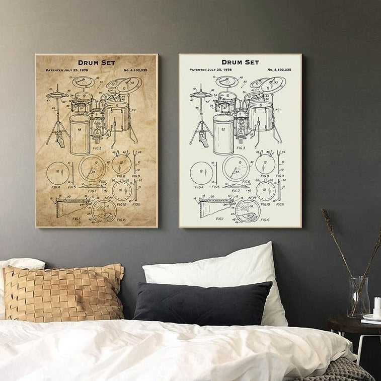 Drum Set Music Instrument Patent Blueprint Canvas Art