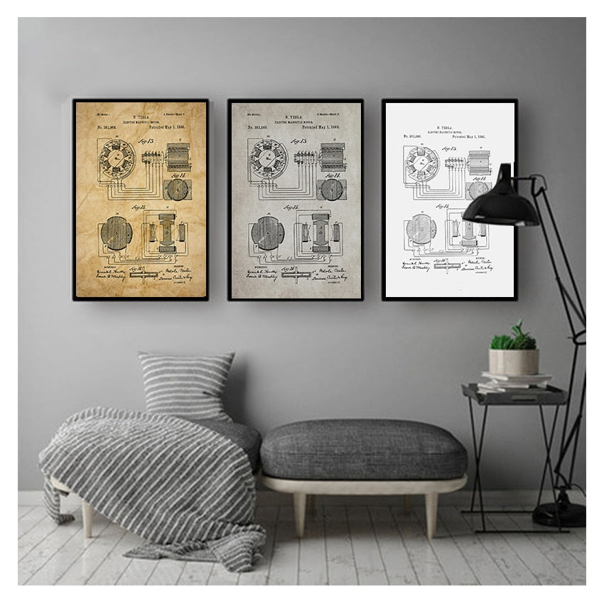 Nikola Tesla Motor Patent Blueprint Canvas Art