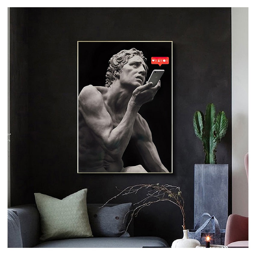 Greek Sculpture with Phone Canvas Art