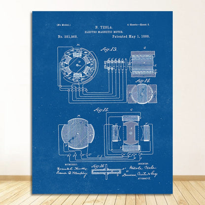 Nikola Tesla Motor Patent Blueprint Canvas Art