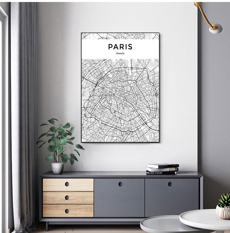 Black and White World City Map Wall Art Canvas