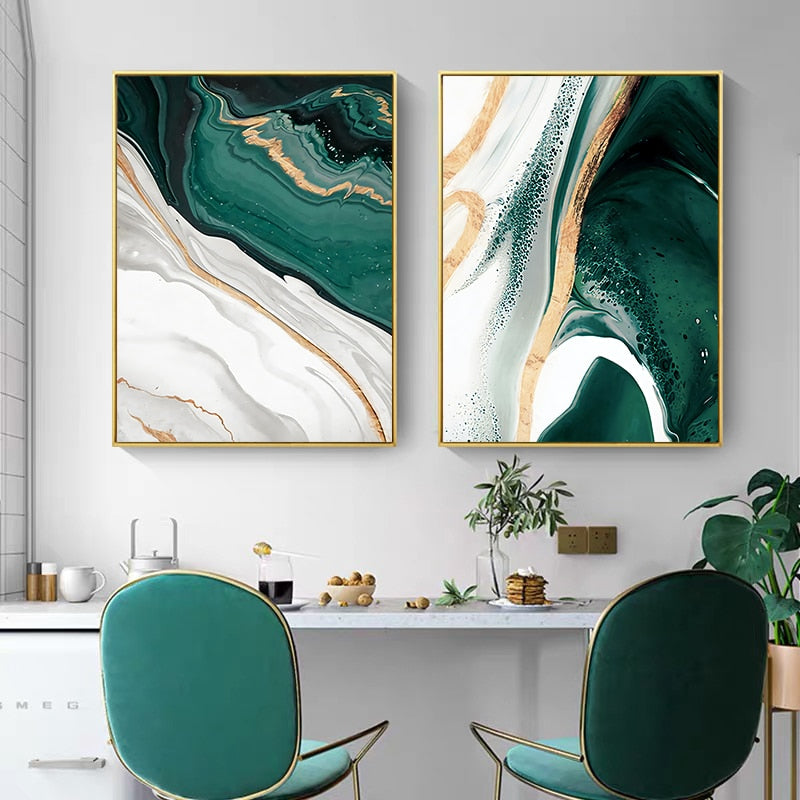 White Green Gold Marble Canvas Art