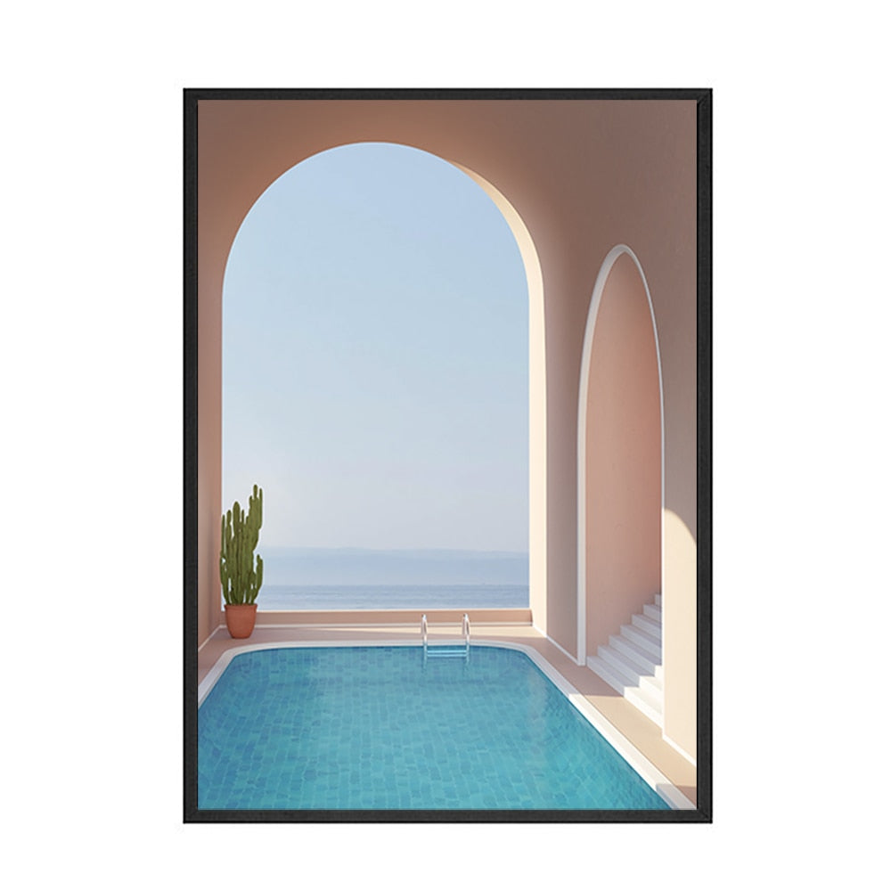 Pink House Swimming Pool Canvas Art