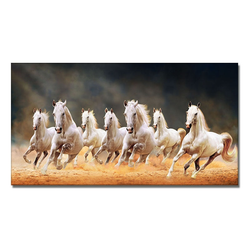 Seven Running White Horse Gold Wall Art Canvas