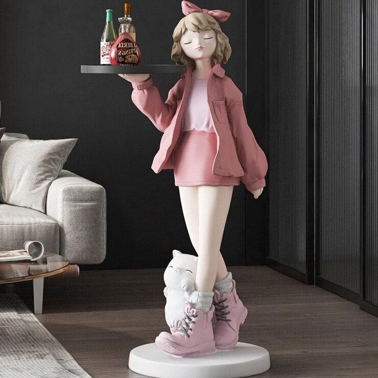 Girl in Boots Cat Big Statue with Tray