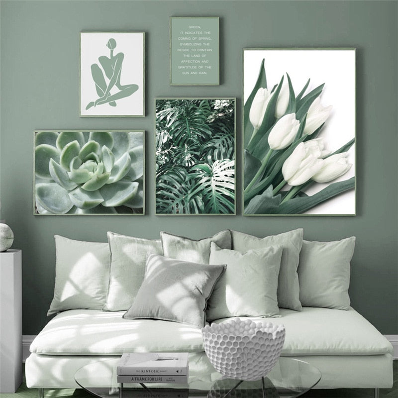 White Tulip Green Aloe Plant Canvas Art