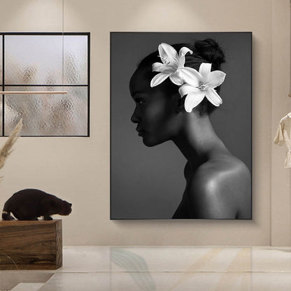 Black & White African Woman with Flowers Canvas Art