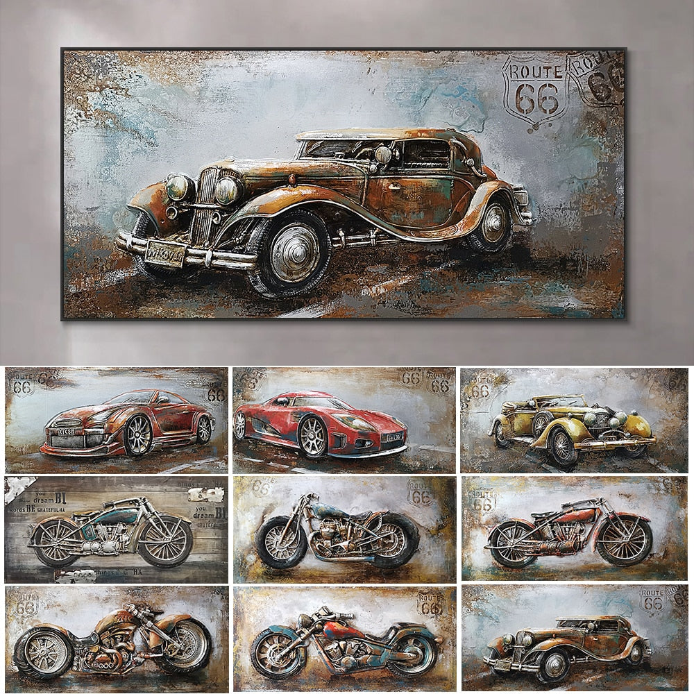 Retro Vintage Motorcycle Car Oil Painting Wall Art Canvas