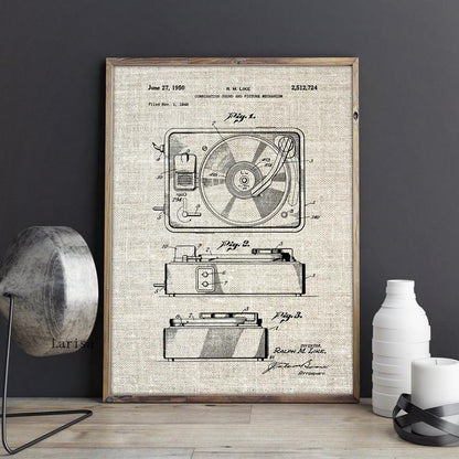 Retro Record Player Patent Blueprint Canvas Art