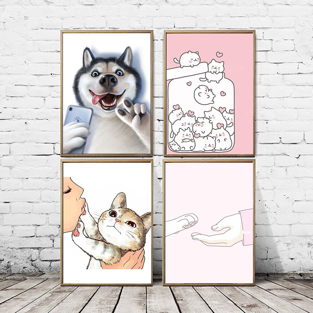 Cartoon Cute Cats and Dogs Canvas Art