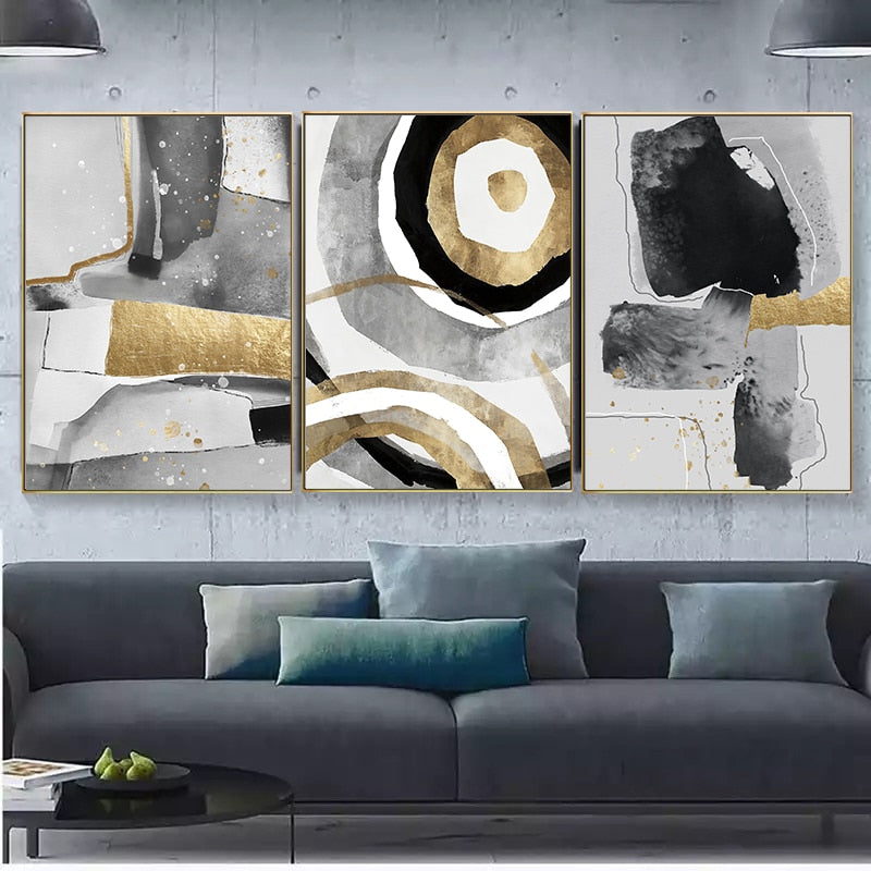 Abstract Black White Gold Canvas Art