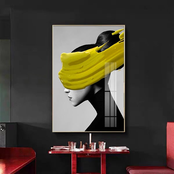 Beauty Woman Black and White Lemon Yellow Gold Foil Canvas Art