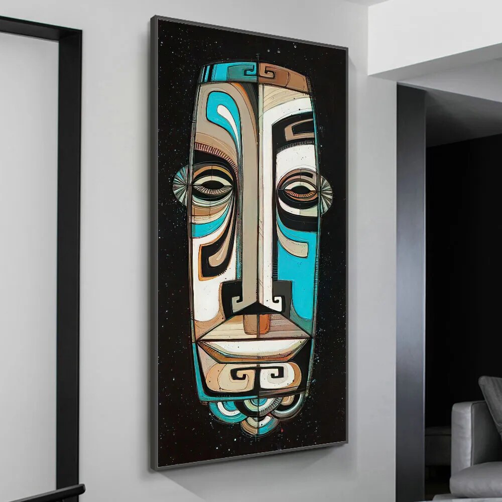 Abstract Black Blue Tiki Mask Wall Art Canvas