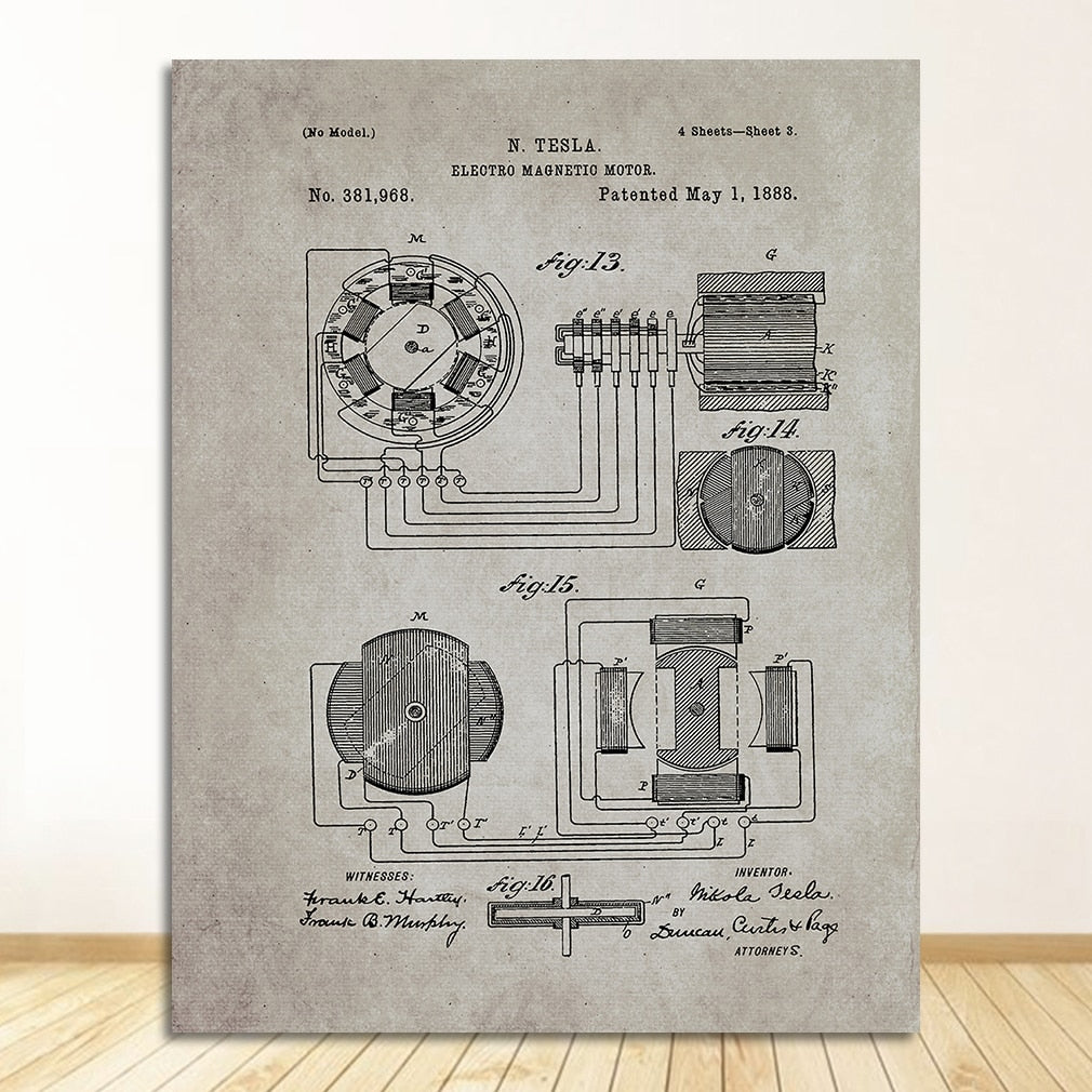 Nikola Tesla Motor Patent Blueprint Canvas Art