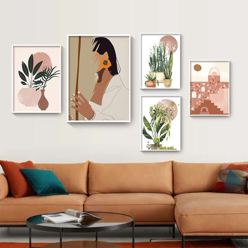 Abstract Vintage Girl Potted Plant Leaves Canvas Art