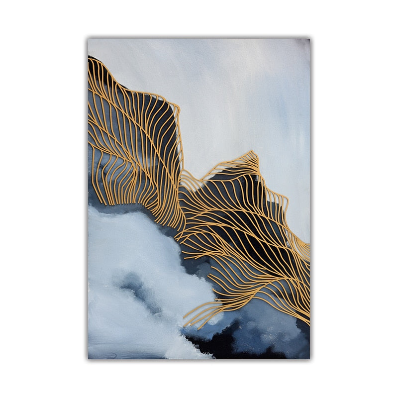 Blue Smoke Abstract Gold Line Canvas Art