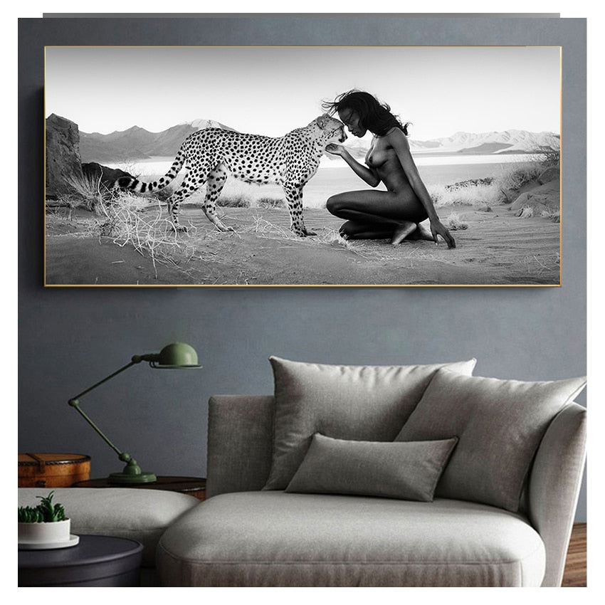 Black and White Snow Leopard with Nude Woman Canvas Art