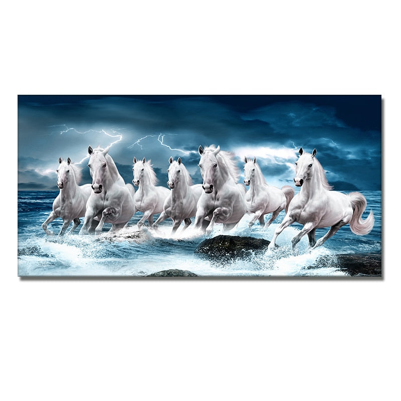 Seven Running White Horse Gold Wall Art Canvas