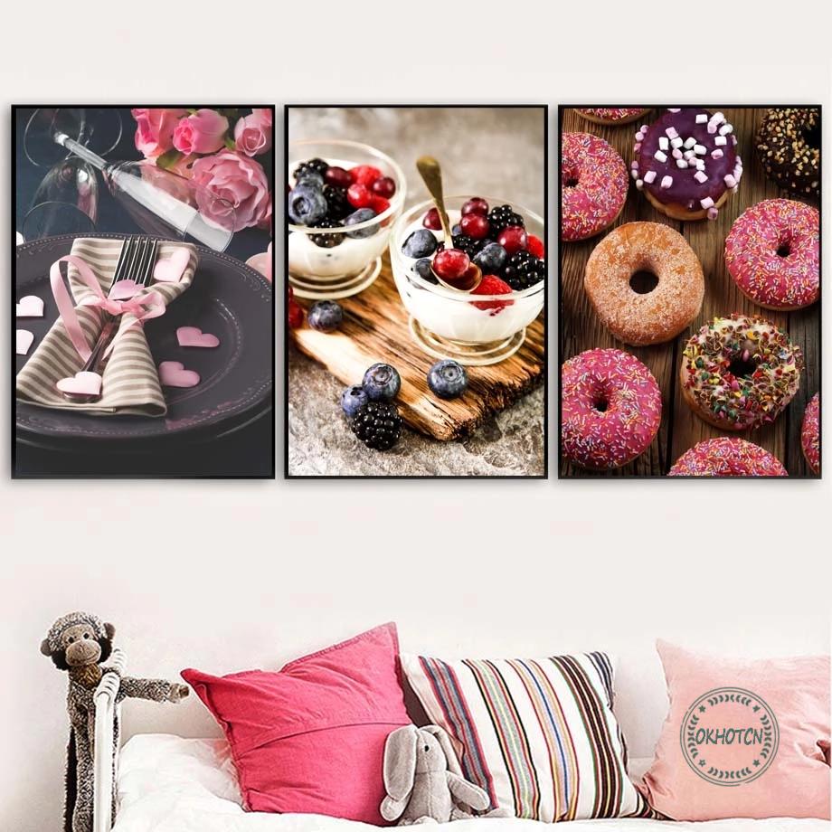 Chocolate Coated Doughnut Coffee Fruit Yoghurt Canvas Art