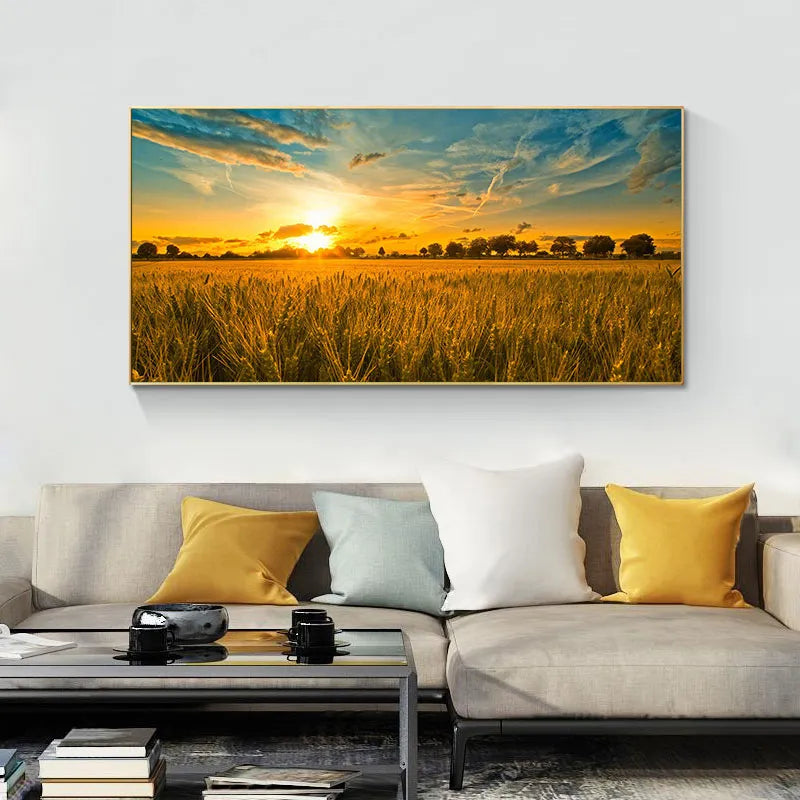 Wheat Field Sunset Landscape Canvas Art