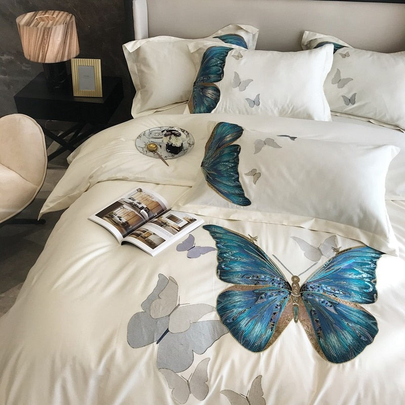 White Butterfly Egyptian Cotton Duvet Cover Bedding Set