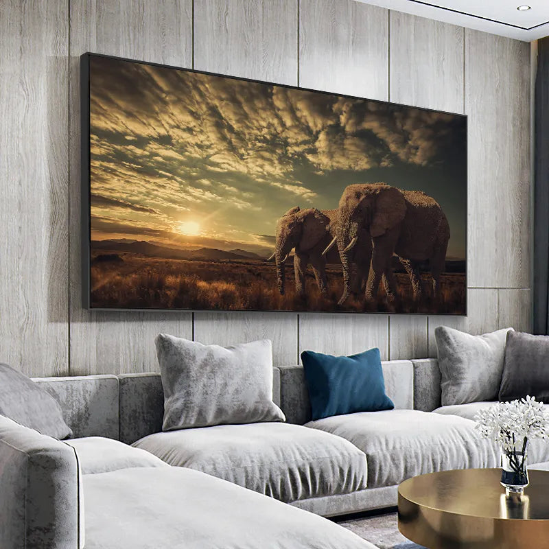 African Savannah Sunset Two Elephants Wall Art Canvas