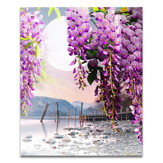 Purple Flower Tree Swan Lake Landscape Canvas Art