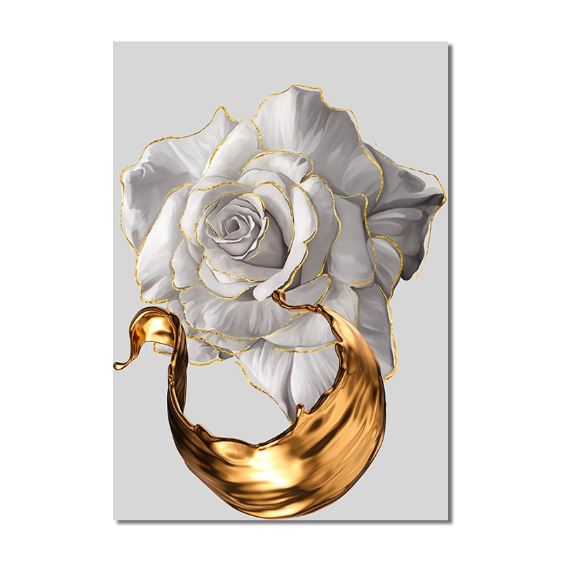 White Flower Painting Gold Foil Canvas Art