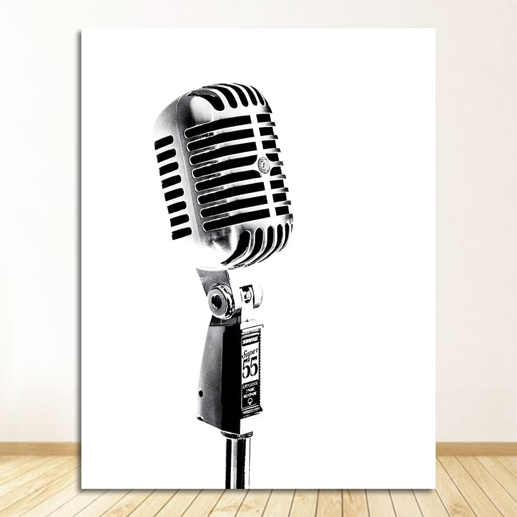 Black and White Microphone Canvas Art