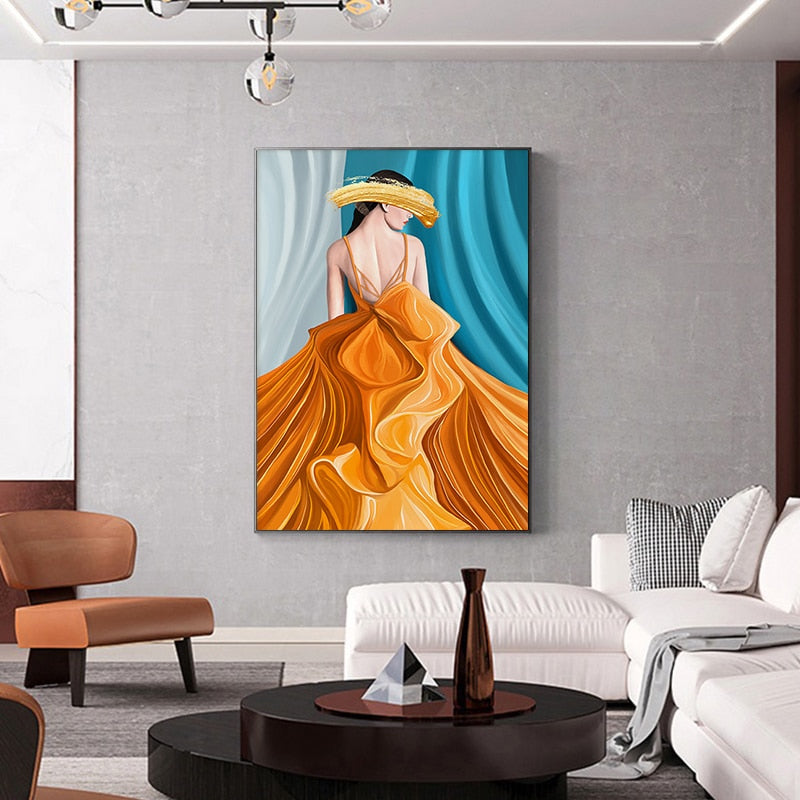 Illustration Orange Dress Woman Canvas Art