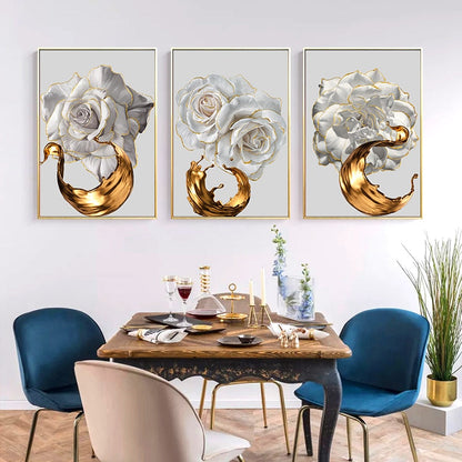 White Flower Painting Gold Foil Canvas Art