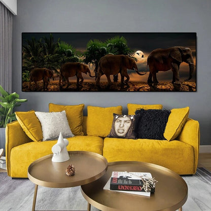 Elephant Family Panoramic Canvas Art