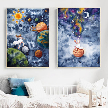 Solar System Watercolor Fantasy Planet Space Canvas Art