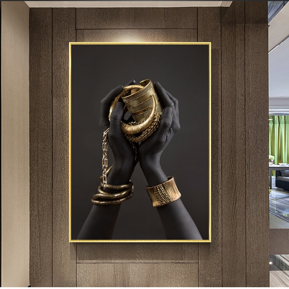 Black Woman Hand With Gold Jewelry Canvas Art