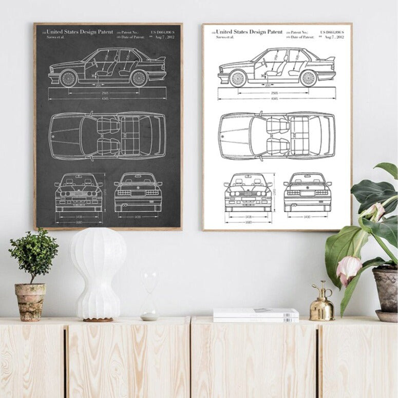 BMW E30 M3 Car Blueprint Canvas Art