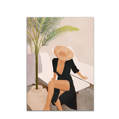 Fashion Woman Black Cat Leaves Canvas Art