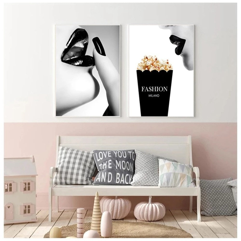 Black and White Sexy Lips Popcorn Canvas Art