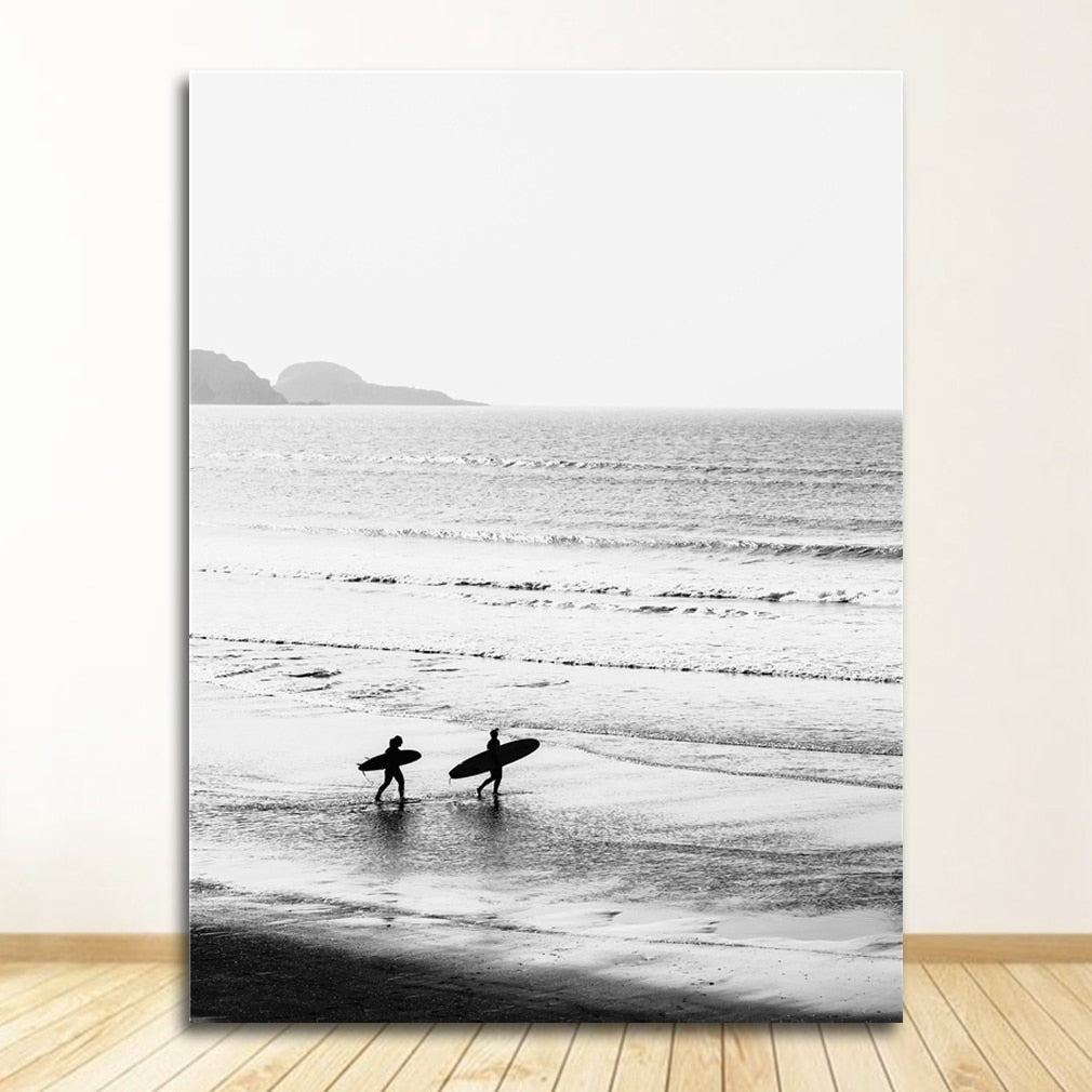 Black and White Ocean Surfing Coastal Beach Canvas Art