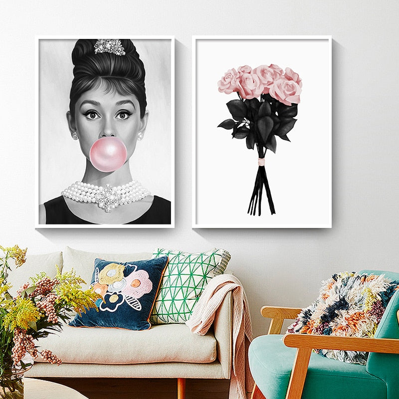 Black White Pop Audrey Hepburn Bubble Art Canvas