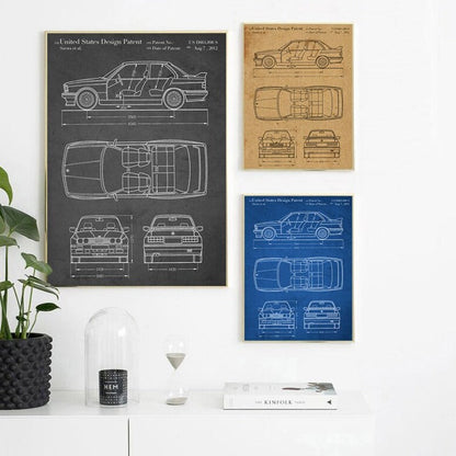 BMW E30 M3 Car Blueprint Canvas Art