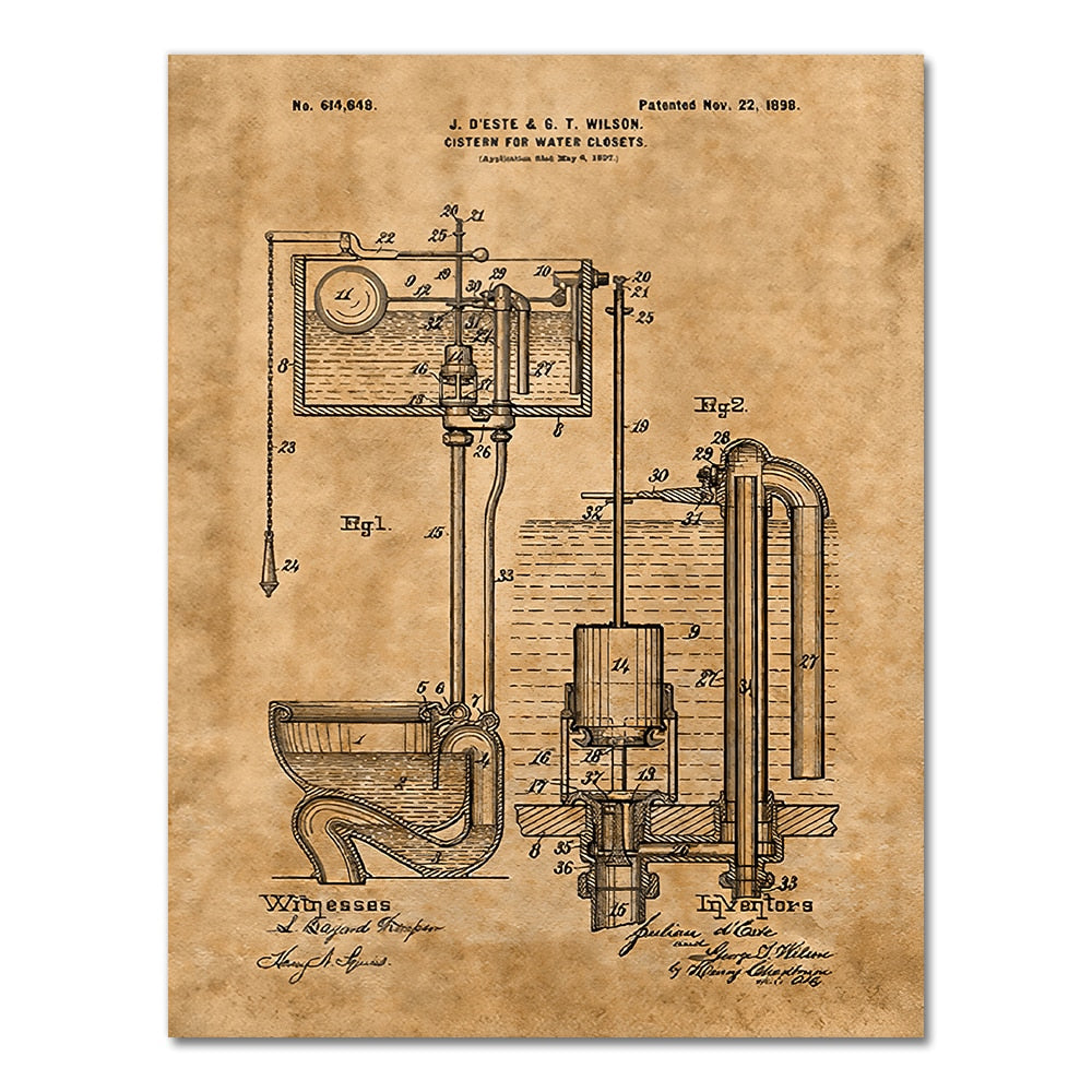 Toilet Cistern Patent Blueprint Canvas Art