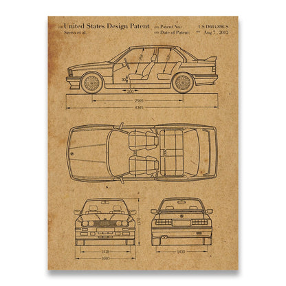 BMW E30 M3 Car Blueprint Canvas Art